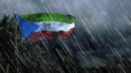 flag of Equatorial Guinea with rain and dark clouds, hail rain forecast symbol - nature 3D renderingの写真素材