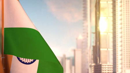 flag of India on city skyscrapers buildings vanilla sunrise backdrop for national holiday - abstract 3D renderingの写真素材