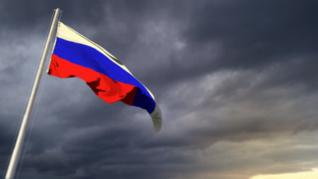 cute Russia flag on massive dark clouds backdrop - abstract 3D renderingの写真素材