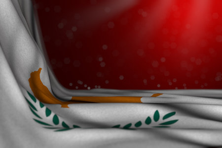 nice dark picture of Cyprus flag lay in corner on red background with soft focus and free place for your content - any occasion flag 3d illustrationの写真素材
