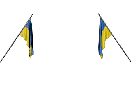 nice feast flag 3d illustration - two Ukraine flags hanging on diagonal poles from two sides isolated on whiteの写真素材