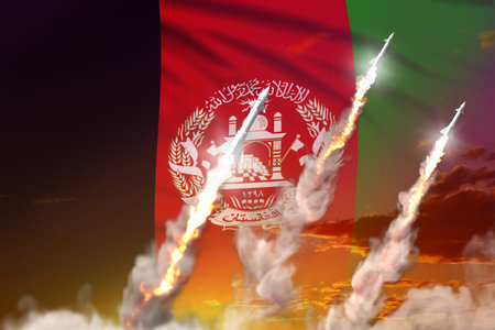 Modern strategic rocket forces concept on sunset background, Afghanistan nuclear missile attack - military industrial 3D illustration, nuke with flagの写真素材
