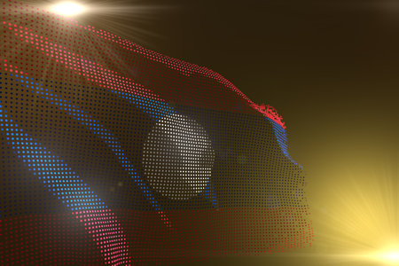 beautiful digital picture of Lao People Democratic Republic flag made of dots waving on yellow with empty space for your text - any occasion flag 3d illustrationの写真素材
