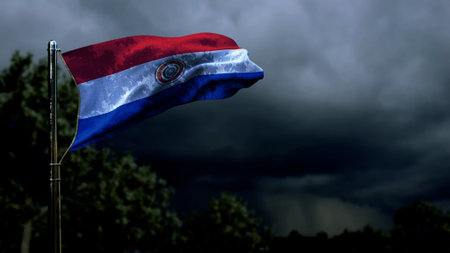 Paraguay flag for anthem day on dark storm clouds - abstract 3D illustrationの写真素材