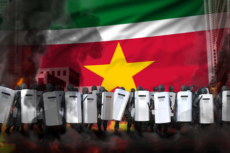 Suriname protest stopping concept, police guards on city street are protecting the country against revolt - military 3D Illustration on flag backgroundの写真素材