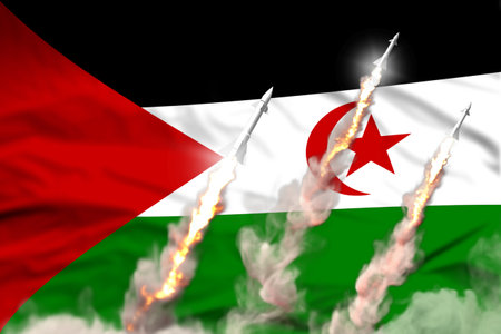 Western Sahara supersonic missile launch - modern strategic nuclear rocket weapons concept on flag fabric background, military industrial 3D illustration with flagの写真素材