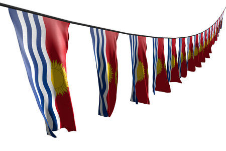 wonderful holiday flag 3d illustration - many Kiribati flags or banners hanging diagonal with perspective view on rope isolated on whiteの写真素材