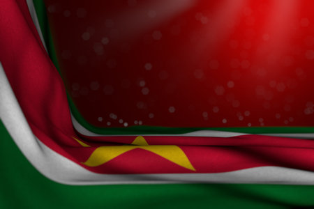 cute dark illustration of Suriname flag lie in corner on red background with selective focus and empty place for text - any celebration flag 3d illustrationの写真素材