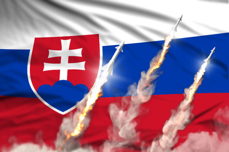 Modern strategic rocket forces concept on flag fabric background, Slovakia supersonic missile attack - military industrial 3D illustration, nuke with flagの写真素材