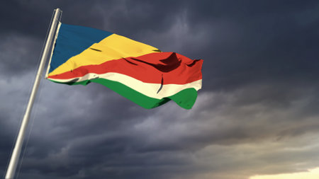 nice Seychelles flag on heavy dark clouds bg - abstract 3D renderingの写真素材