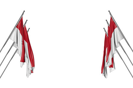 nice many Monaco flags hangs on diagonal poles from left and right sides isolated on white - any occasion flag 3d illustrationの写真素材