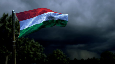 Hungary flag for independence day on dark storm cumulus - abstract 3D renderingの写真素材