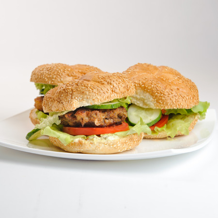 isolated  three vegetarian  Hamburgers on a white plate white backgroundの写真素材
