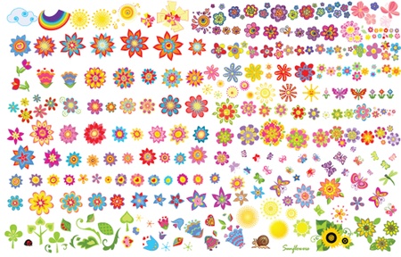 Summer flowers, sun and butterfliesのイラスト素材