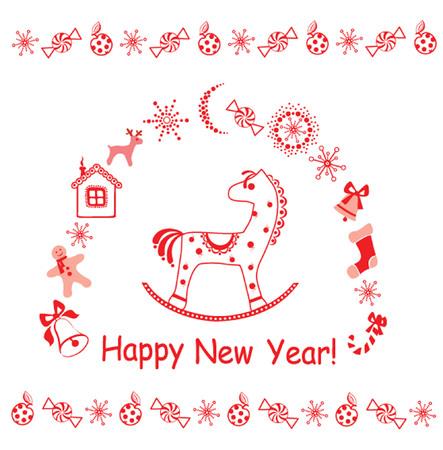 New Year greeting card with little red horse. のイラスト素材