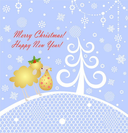 Christmas blue greeting card with lambのイラスト素材