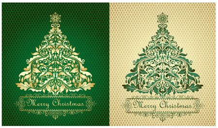 Cards with xmas gold and green treesのイラスト素材