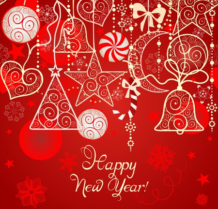 Christmas red wallpaper with hanging decorationのイラスト素材