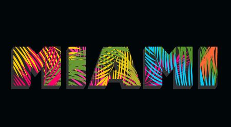 Miami lettering with colorful palm leavesのイラスト素材