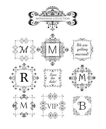 Vector set of decorative frames for wedding invitation, birthday greeting card, vignette for template, vintage monogram, frames for menu card, restaurant, cafe, hotel, jewellery storeのイラスト素材