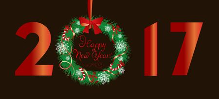 Happy New Year 2017 greeting with hanging xmas wreath and numbersのイラスト素材