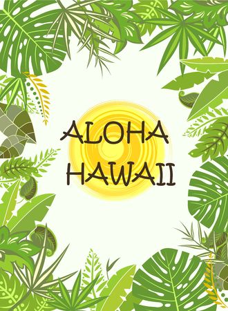 Aloha Hawaii summer poster with exotic tropic green leaves and sunのイラスト素材