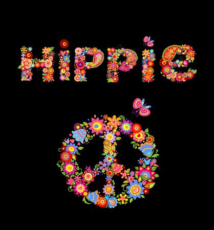 Flower colorful print with hippie lettering and peace flower symbol isolated on black backgroundのイラスト素材