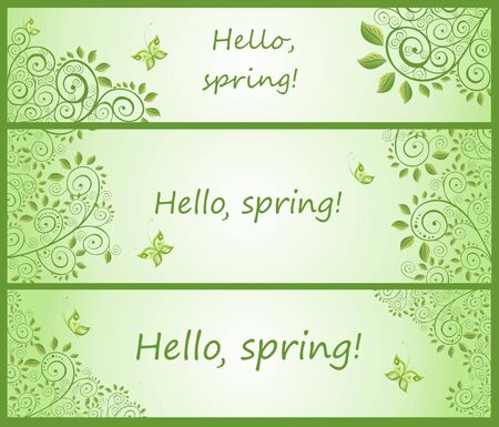 Collection of green decorative horizontal floral bannerのイラスト素材