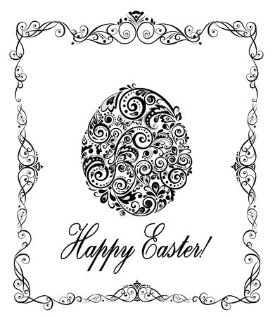 Greeting easter card with decorative floral egg (black and white)のイラスト素材