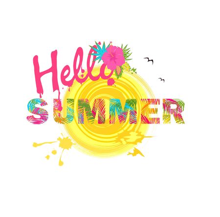 Hello summer lettering with colorful palm leaves and hibiscus on white background. T-shirt fashionable printのイラスト素材