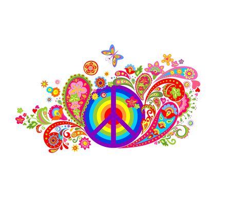 Print with hippie peace symbol with vintage colorful flowers pattern and rainbowのイラスト素材