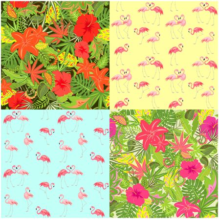 Fashion summery wallpapers with exotic flowers, tropical leaves and flamingo, seamless background for fabric, textile, wrapping paper, greeting card, invitation, wallpaper, web designのイラスト素材