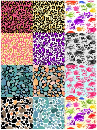 Huge set seamless backgrounds with strokes, animal print, abstract pattern and pebbles for fabric, textile, wrapping paper, wallpaper, web designのイラスト素材