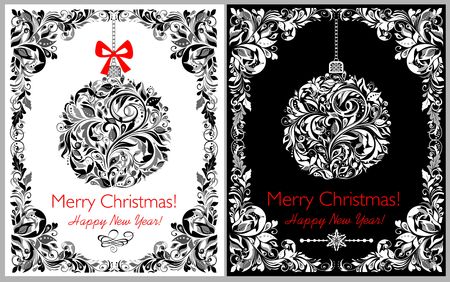 Christmas card with hanging floral ball and borderのイラスト素材