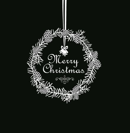 Black and white greeting card with Christmas hand drawn coniferous wreath.のイラスト素材