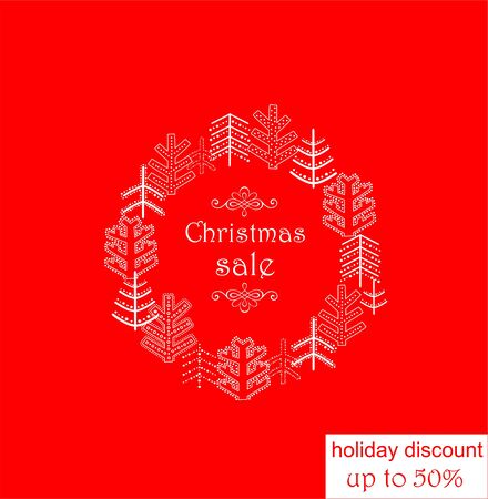 Red label for seasonal winter sale with decorative firs wreathのイラスト素材