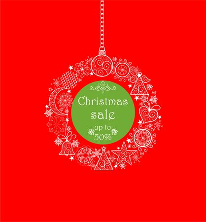 Red green label for christmas sale with hanhing lacy decorative wreathのイラスト素材