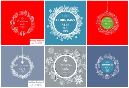 Vintage decorative label collection for Christmas sale with lacy baubles, firs and snowflakes.のイラスト素材