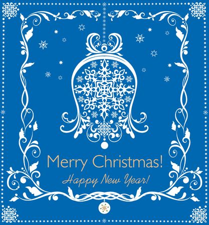 Beautiful paper blue applique for Christmas greeting with hanging bell and decorative floral border.のイラスト素材