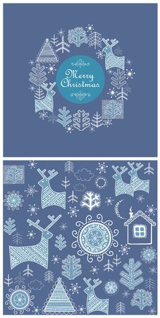 Christmas decorative background with decorative trees, firs, deers and snowflakes.のイラスト素材