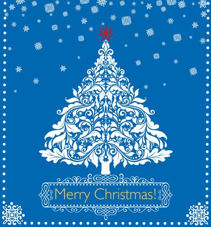 Greeting Christmas retro blue card with paper white applique with cut out paper fir tree and snowflakes.のイラスト素材