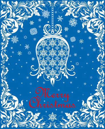 Greeting vintage blue Christmas card with floral paper cut out hanging whit bell, snowflakes and floral decoration border.のイラスト素材