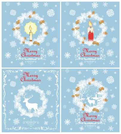 Retro Christmas greeting pastel blue cards collection with cut out paper fir wreath, red and gold candle, deer, snowflakes and golden fir tree coneのイラスト素材