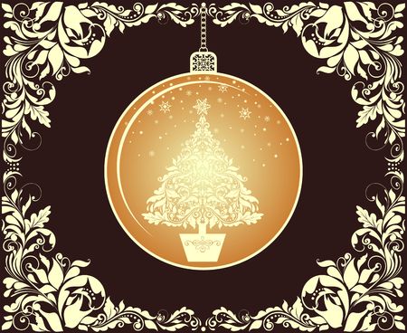 Vintage Christmas greeting with gold Xmas hanging globe and floral ornate vignetteのイラスト素材