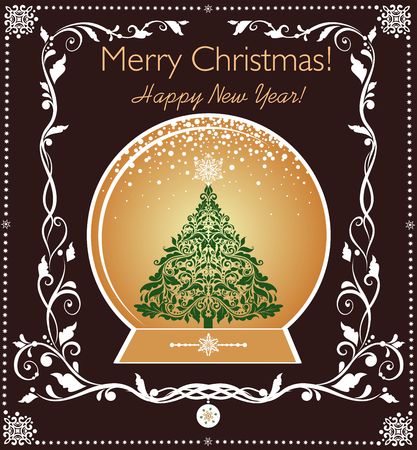 Vintage greeting card with golden globe with Christmas tree and floral decoration borderのイラスト素材