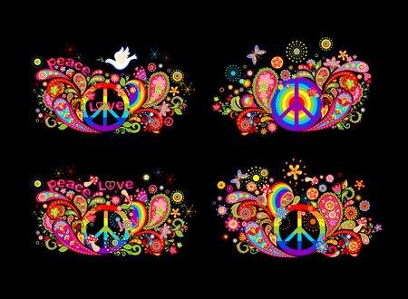 Colorful t shirt prints collection with hippie peace symbol, flying dove with olive branch, abstract flowers, mushrooms, paisley and rainbow on black backgroundのイラスト素材