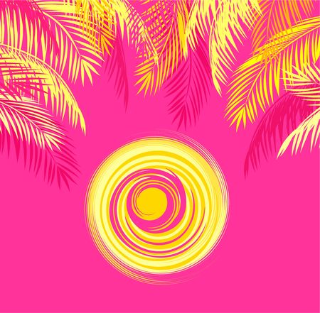 Summery t-shirt print with yellow palm leaves and hot sun on pink backgroundのイラスト素材