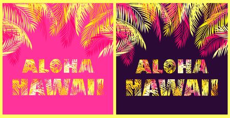 T-shirt prints variation with Aloha Hawaii lettering with yellow and pink palm leaves on a dark background and hot pink backgroundのイラスト素材