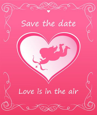 Pink greeting card with heart shape with cupid for wedding invitationのイラスト素材