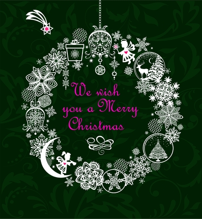 Christmas card with reindeer, xmas tree, jingle bell, snowflakes and angelsのイラスト素材